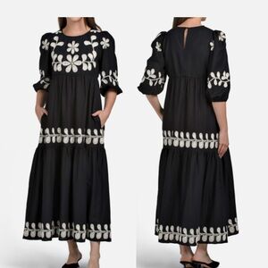 Caroline Constas Embroidered Linen-Blend Puff Sleeve Maxi Dress Black-Cream sz 8